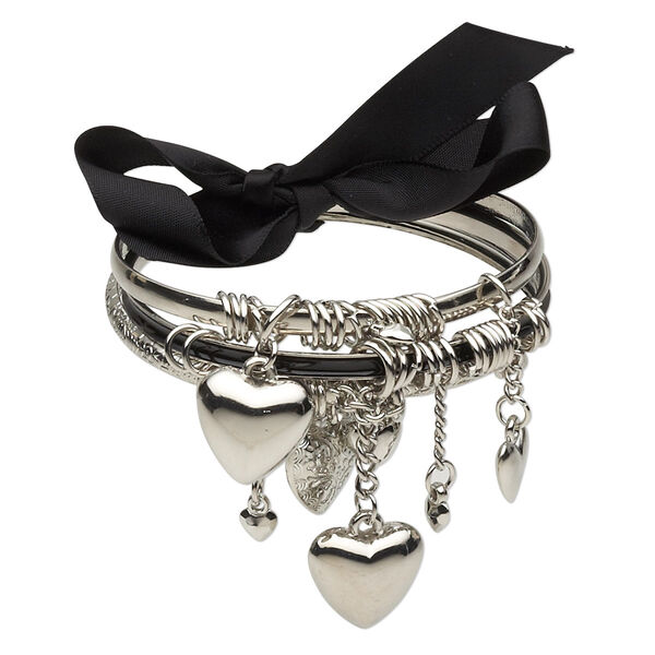 Bracelet, bangle, enamel / satin / silver-plated steel, black, 3-5mm wide smooth and textured band with heart and bow, 8 inches. Sold per pkg of 3. image number 0
