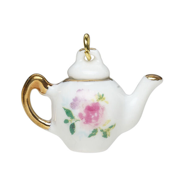 Focal, ceramic and gold-finished steel, multicolored, 33x24mm teapot with floral design and jump ring. Sold per pkg of 2. image number 0