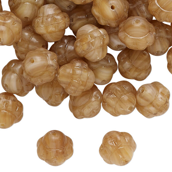 Bead, Czech pressed glass, opaque tan, 10mm bumpy round with swirl pattern. Sold per 2-ounce pkg, approximately 64 beads. image number 0