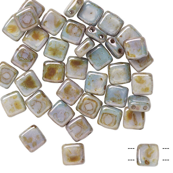 Bead, Preciosa, Czech pressed glass, marbled opaque green, 6x6mm flat square with (2) 0.7mm holes. Sold per pkg of 40. image number 0
