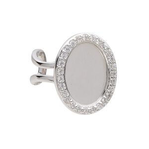 Ring, rhodium-plated sterling silver and cubic zirconia, clear, 24mm wide with 18x13mm oval glue-in setting, adjustable from size 7 to 8. Sold individually.