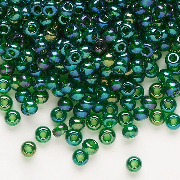Seed bead, Preciosa Ornela Czech glass, pkg/50g, #6 rocaille, translucent rainbow medium green, (51060). image number 0