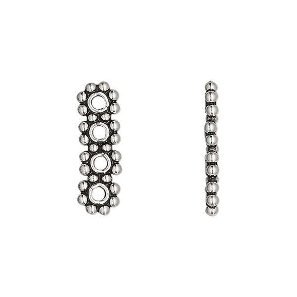 Spacer bar, antiqued sterling silver, 20x6mm 4-strand beaded rectangle, 5mm between holes. Sold per pkg of 2. image number 0