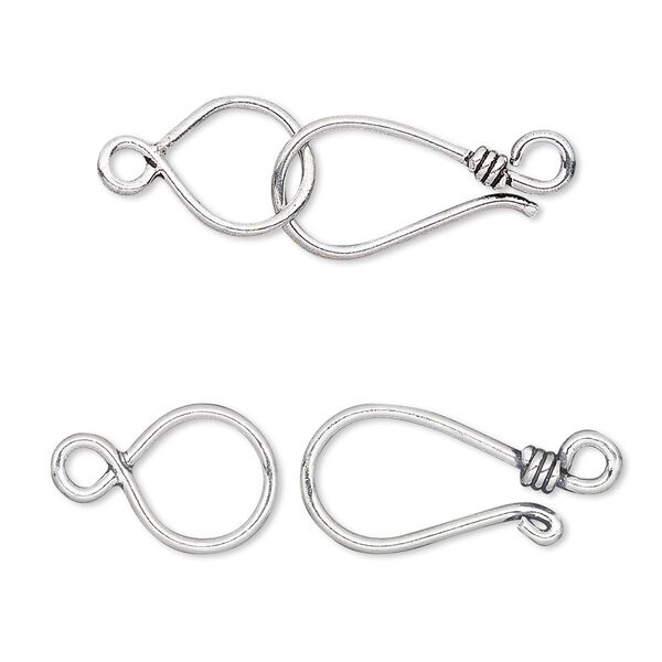 Clasp, hook-and-eye, antiqued sterling silver, 32x10mm single wire. Sold individually. image number 0