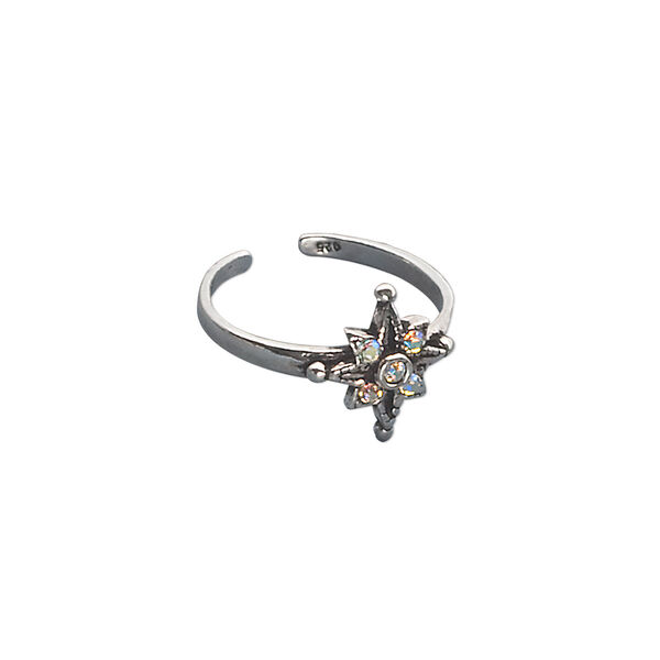 Toe ring, sterling silver and crystal, clear AB, 11mm wide with flower design, adjustable. Sold individually. image number 0