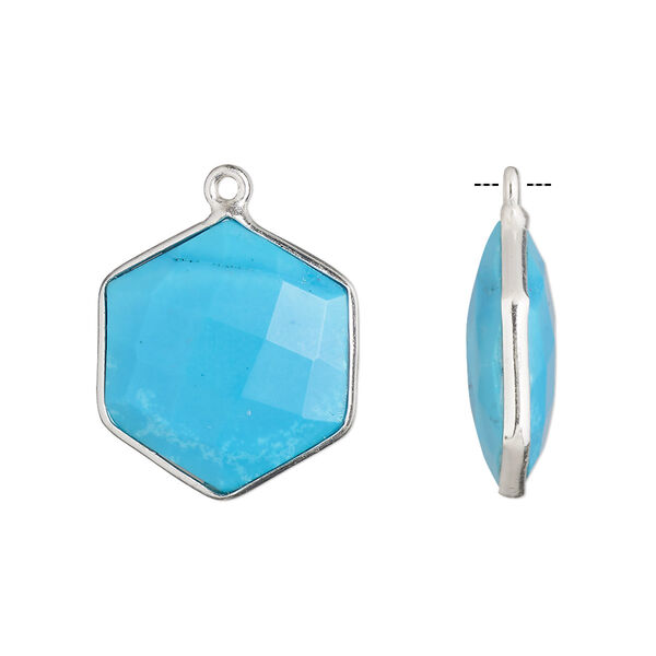 Drop, "turquoise" (imitation) resin and sterling silver, blue, 18x17mm-20x18mm hand-cut double-sided faceted hexagon. Sold individually. image number 0