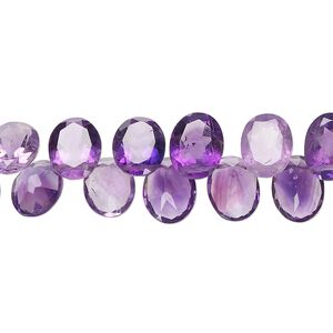 Amethyst 1pkg1, hand-cut top-drilled faceted puffed flat-sided oval bead natural 14 inch 9x6mm-9x7mm