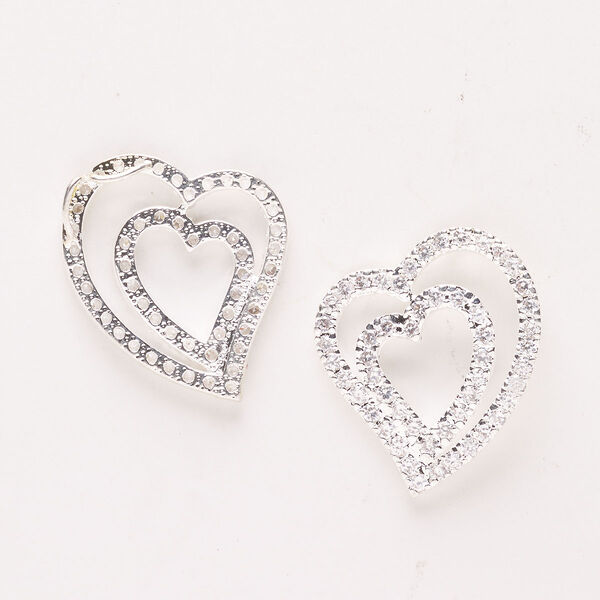 Pendant, silver-finished brass and glass, clear, 34x28mm-35x29mm double heart. Sold per pkg of 2. image number 0