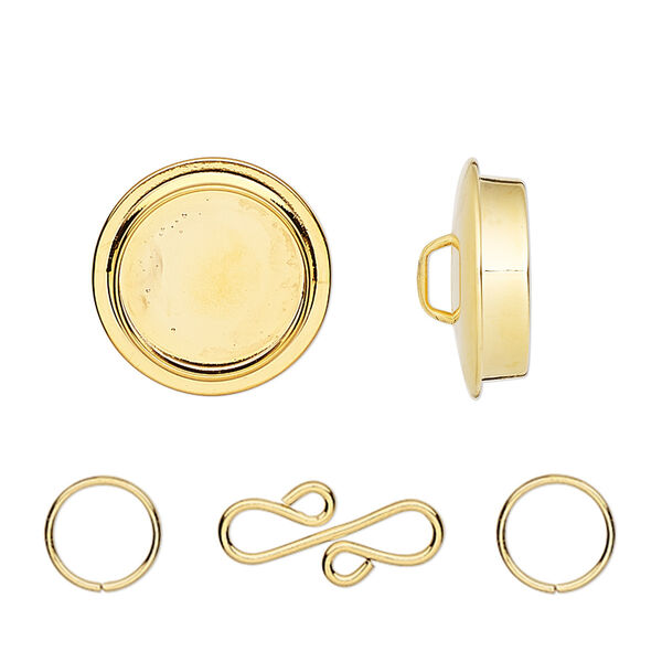 Clasp, gold-plated "pewter" (zinc-based alloy), 25mm round with 19mm non-calibrated round bezel setting and 17x9mm S-hook with (2) 8mm jump rings. Sold individually. image number 0