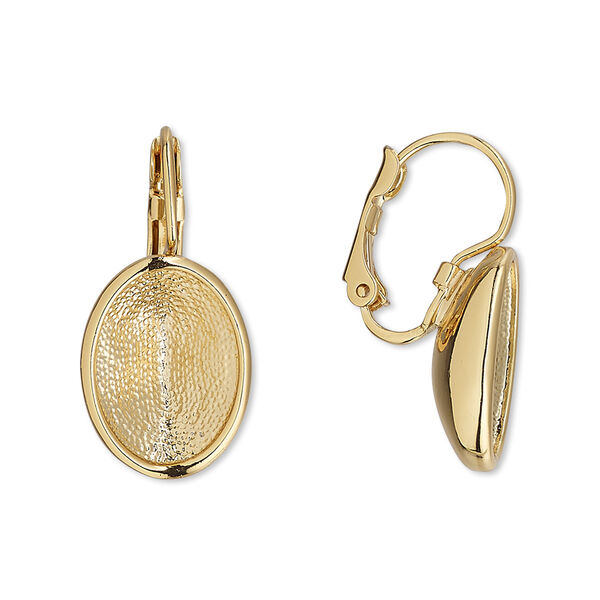 Ear wire, Almost Instant Jewelry®, gold-finished brass and "pewter" (zinc-based alloy), 24mm leverback with 14x10mm oval setting. Sold per pair. image number 0