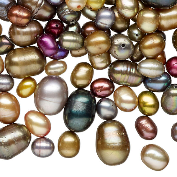 Pearl mix, cultured freshwater (dyed), mixed colors, 4mm-14mmx12mm rice, Mohs hardness 2-1/2 to 4. Sold per 2-ounce pkg, approximately 140 beads. image number 0