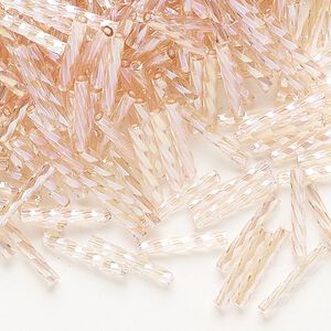 Bugle bead, Dyna-Mites™, glass, transparent rainbow pink, 12mm twisted. Sold per 1/2 kilogram pkg.