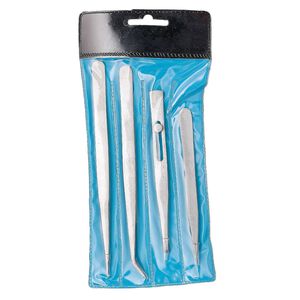 Tweezers, stainless steel, brushed. Sold per 4-piece set.