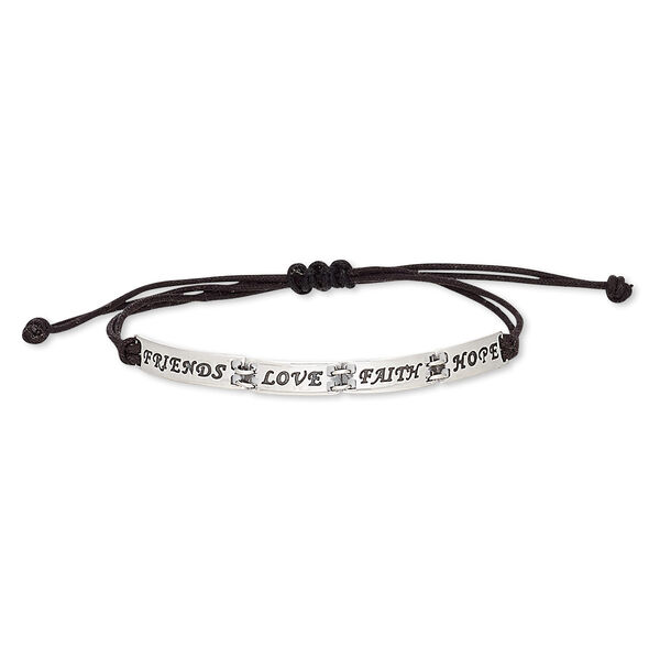 Bracelet, waxed cotton cord and antiqued sterling silver, black, 5mm wide with rectangle and assorted designs, adjustable from 6-10 inches with macramé knot closure. Sold individually. image number 0