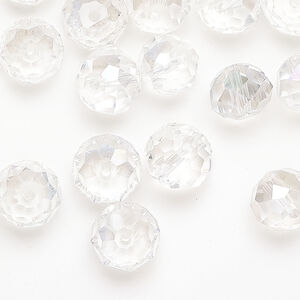Bead 1pkg50 glass, transparent clear AB, 9x7mm-10x8mm faceted rondelle.