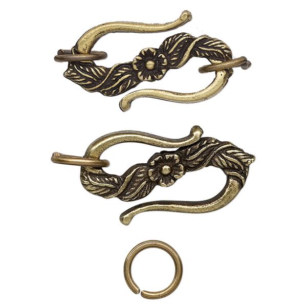 Clasp S-hook 1pkg1 brass-plated pewter (tin alloy), 24x14mm / 8mm 18 gauge jump ring, antique 1-strand image number 0