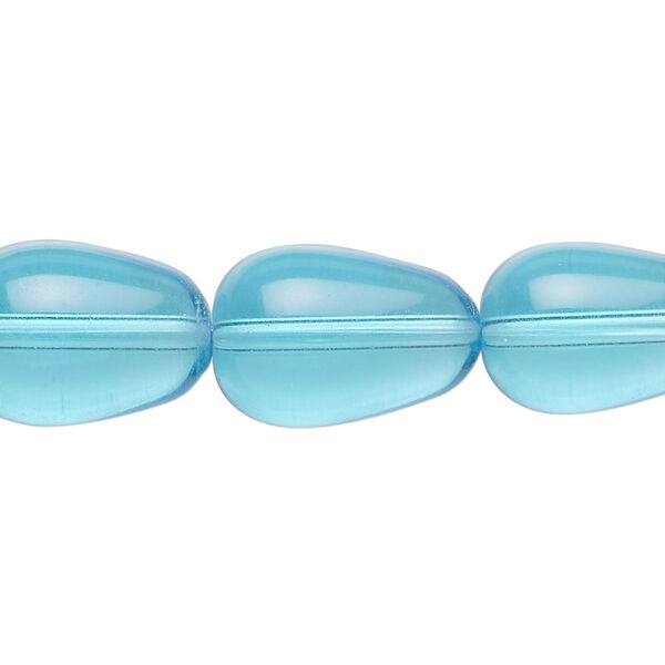 Bead, glass, transparent aqua blue, 17x11mm-18x13mm teardrop. Sold per 15-1/2" to 16" strand. image number 0