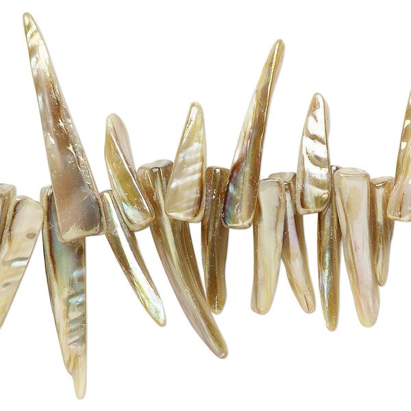 Bead, mother-of-pearl shell (dyed), tan AB, 18x1mm-33x4mm top-drilled talon with 0.4-0.6mm hole, Mohs hardness 3-1/2. Sold per 15-inch strand. image number 0