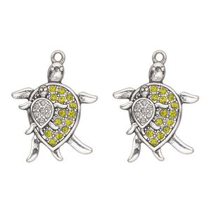 Charm, antique silver-finished "pewter" (zinc-based alloy) and glass, green and clear, 28x24mm single-sided sea turtle. Sold per pkg of 2.