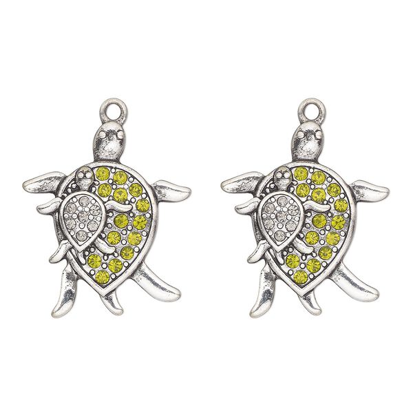 Charm, antique silver-finished "pewter" (zinc-based alloy) and glass, green and clear, 28x24mm single-sided sea turtle. Sold per pkg of 2. image number 0