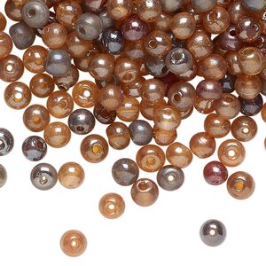 Bead mix, glass, translucent topaz brown / red / blue-grey, 4-5mm round. Sold per 2-ounce pkg, approximately 560 beads.
