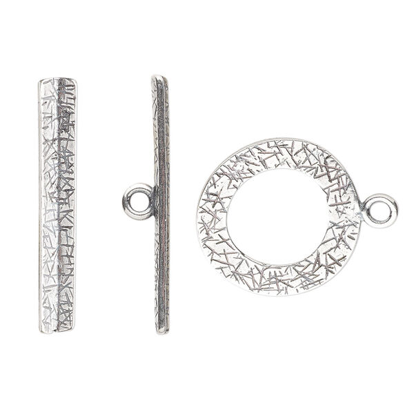 Clasp, JBB Findings, toggle, antique silver-plated brass, 18mm textured curved round. Sold individually. image number 0