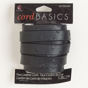 Cord, faux leather, pkg/1m, black, 12mm flat with indentend circles design.