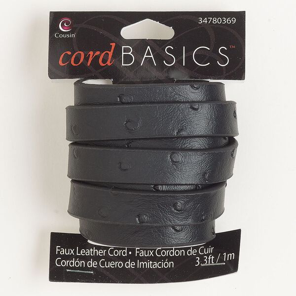 Cord, faux leather, pkg/1m, black, 12mm flat with indentend circles design. image number 0