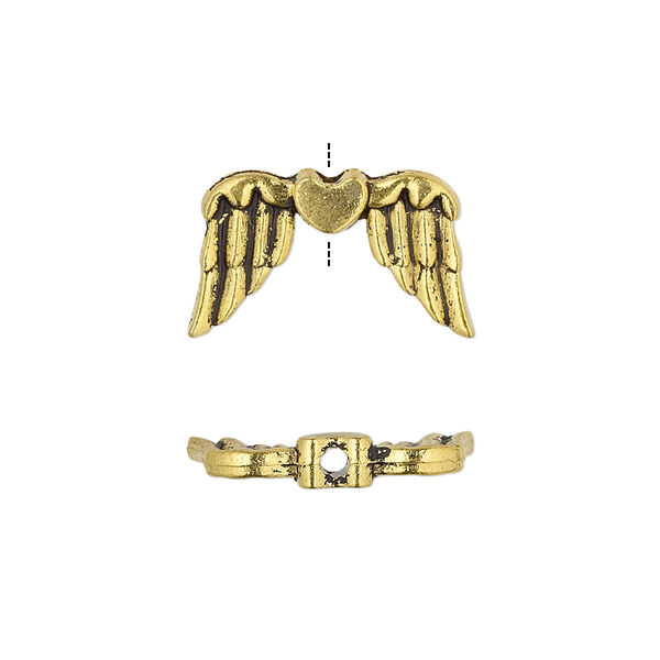 Bead, antique gold-finished "pewter" (zinc-based alloy), 19x11mm double-sided wing with heart. Sold per pkg of 10. image number 0