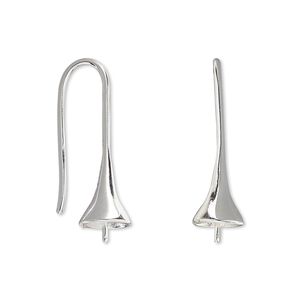 Ear wire 1pkg100 silver-plated, 25mm bell / 3.5mm peg / 8-10mm half-drilled round setting, 18 gauge brass 50 pair