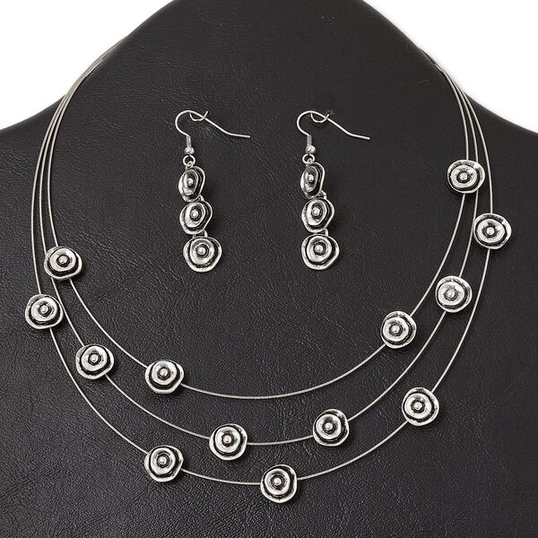 Necklace and earring set, 3-strand, antique silver-plated "pewter" (zinc-based alloy) and steel, 11mm rose, 15" to 16" necklace with lobster claw clasp and 3-inch extender chain, 2-inch earring with fishhook ear wire. Sold per set. image number 0