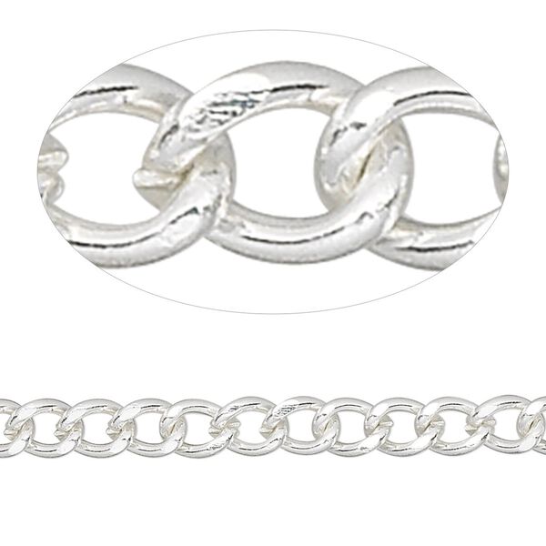 Chain, silver-finished brass, 6x5mm curb. Sold per pkg of 5 feet. image number 0