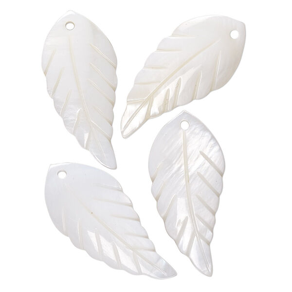 Focal, mother-of-pearl shell (natural), 30x13mm hand-cut top-drilled single-sided carved leaf, Mohs hardness 3-1/2. Sold per pkg of 4. image number 0
