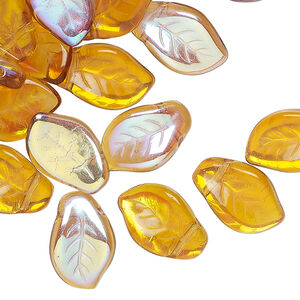 Bead, Czech pressed glass 1pkg60, translucent honey AB, 14x9mm top-drilled leaf.