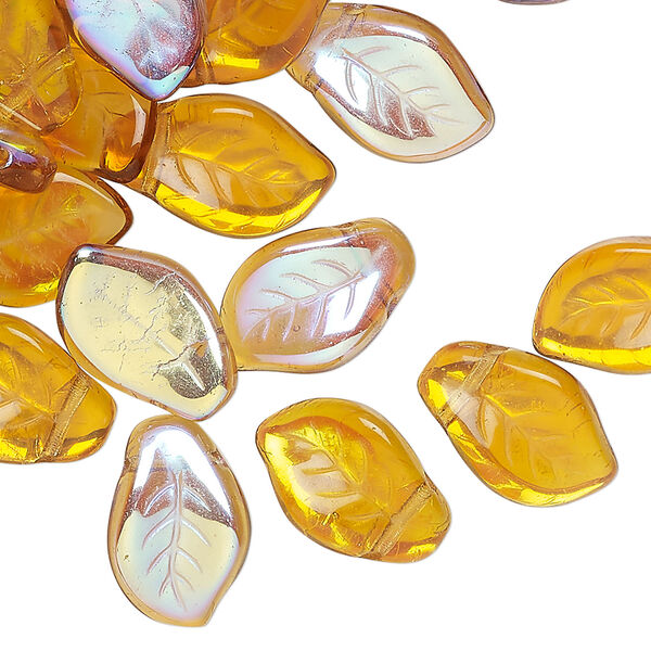 Bead, Czech pressed glass 1pkg60, translucent honey AB, 14x9mm top-drilled leaf. image number 0