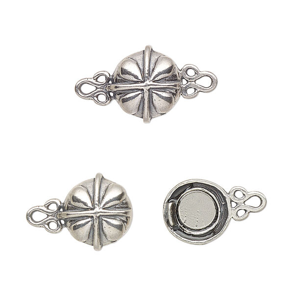 Clasp, magnetic, antiqued sterling silver, 11mm fancy round. Sold individually. image number 0
