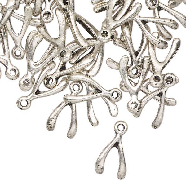Charm, antique silver-finished "pewter" (zinc-based alloy), 11x8mm 3D wishbone. Sold per pkg of 50. image number 0
