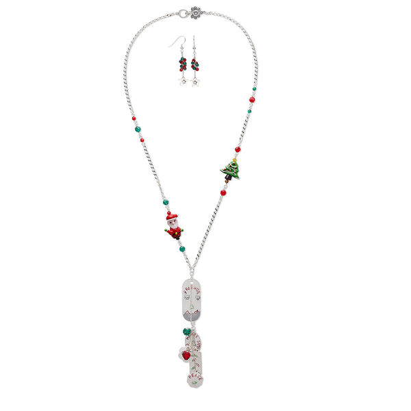 Necklace and earring set, One of a Kind Jewelry, sterling silver / crystal / lampworked glass, red / green / multicolored. Only one available. image number 0