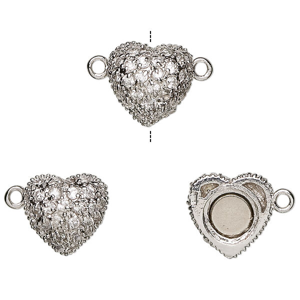 Clasp, magnetic, cubic zirconia and rhodium-plated sterling silver, clear, 12x12mm heart. Sold individually. image number 0