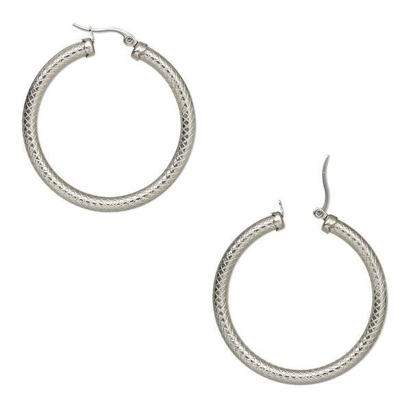 Earring, stainless steel, 38mm textured round hoop with latch-back closure. Sold per pair. image number 0