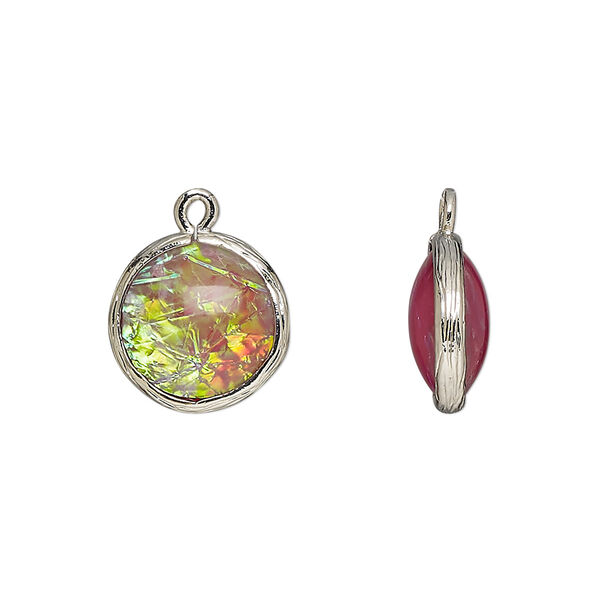 Drop, Opalized Ice™, "opal" (resin) and imitation rhodium-finished brass, opaque light purple, 14mm double-sided round .Sold per pkg of 4. image number 0
