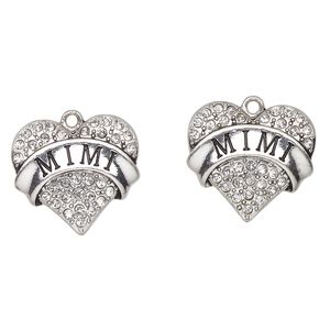 Charm, antique silver-finished enamel "pewter" (zinc-based alloy) and glass, clear and black, 24x23mm heart with "Mimi". Sold per pkg of 2.