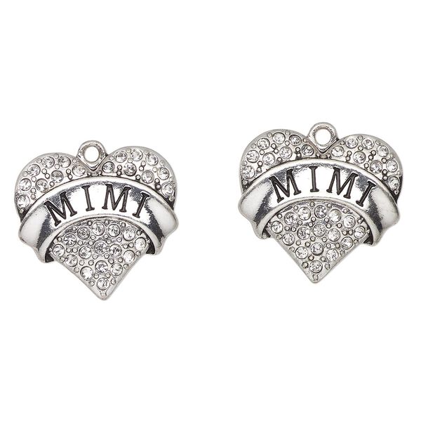 Charm, antique silver-finished enamel "pewter" (zinc-based alloy) and glass, clear and black, 24x23mm heart with "Mimi". Sold per pkg of 2. image number 0