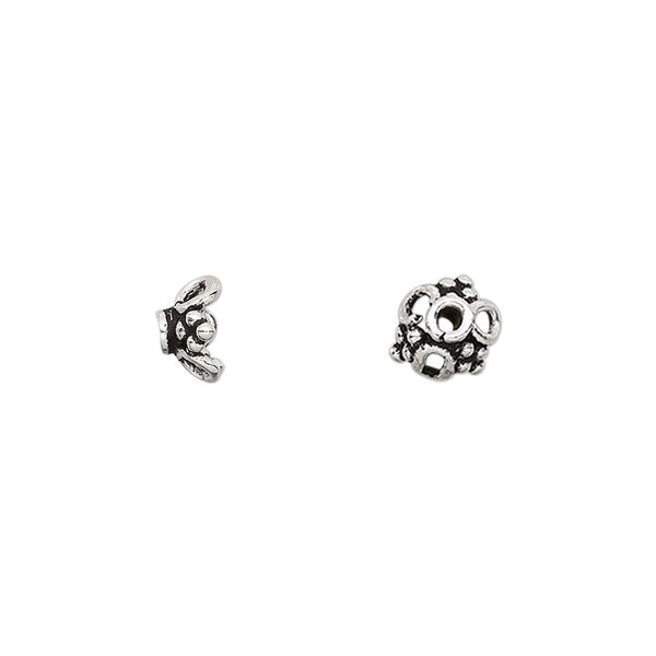 Bead cap, antiqued sterling silver, 7x4mm open flower, fits 7-9mm bead. Sold per pkg of 6. image number 0