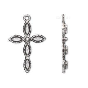 Drop, antique silver-plated "pewter" (zinc-based alloy), 27x19mm single-sided cross. Sold per pkg of 10.