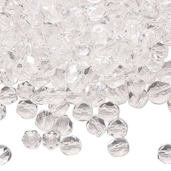 Bead, fire-polished glass, transparent clear, 5-6mm faceted round. Sold per 2-ounce pkg, approximately 345 beads. image number 0