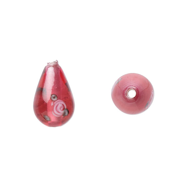 Bead, Czech lampworked glass, opaque red / pink / green, 12x8mm-13x9mm teardrop with flower design. Sold per pkg of 4. image number 0