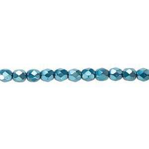Bead, Czech fire-polished glass, aqua carmen, 4mm faceted round. Sold per pkg of 1,200 (1 mass).