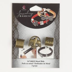 Slider bead assortment 1pkg3, antique brass-finished "pewter" (zinc alloy), 20x19mm bird / 13x12mm oval tube.