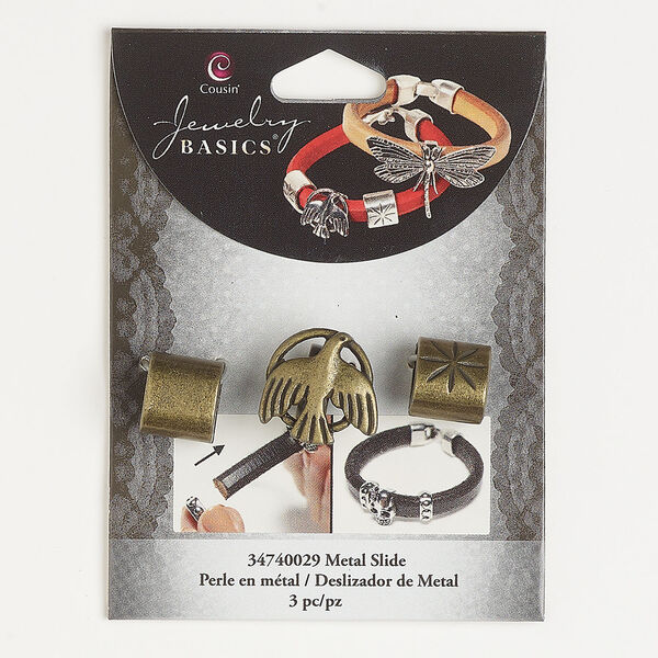 Slider bead assortment 1pkg3, antique brass-finished "pewter" (zinc alloy), 20x19mm bird / 13x12mm oval tube. image number 0